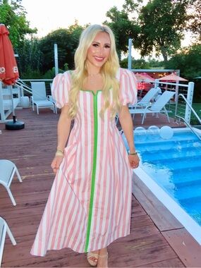 Striped Pink Puff-Sleeve Midi Dress with Green Trim